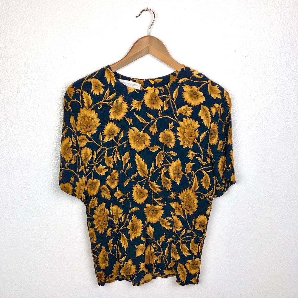 Jones New York • Blue & Yellow Floral Ruched Top